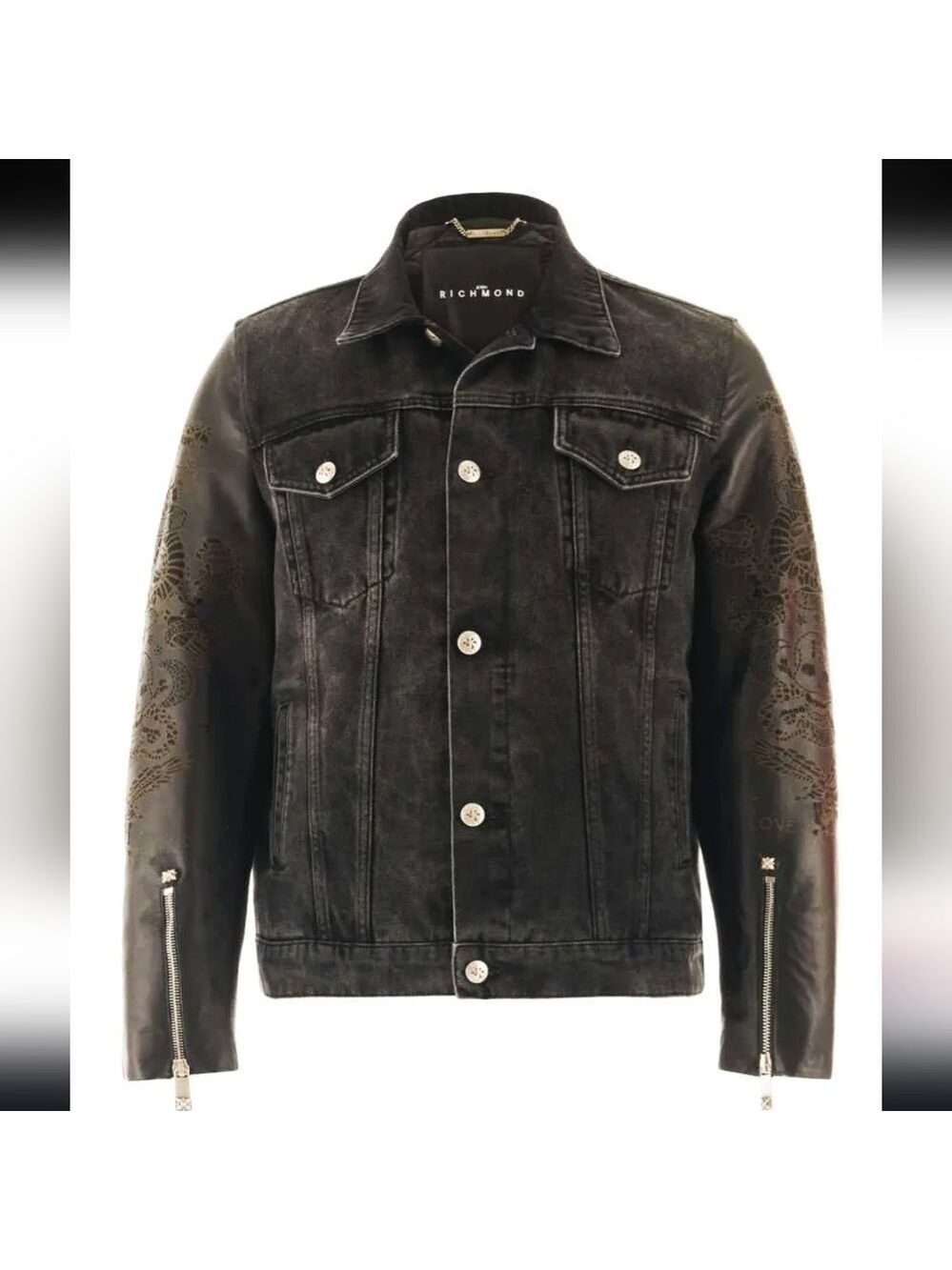 John Richmond - Denim and Laser Cut Leather Jacket in Black Large